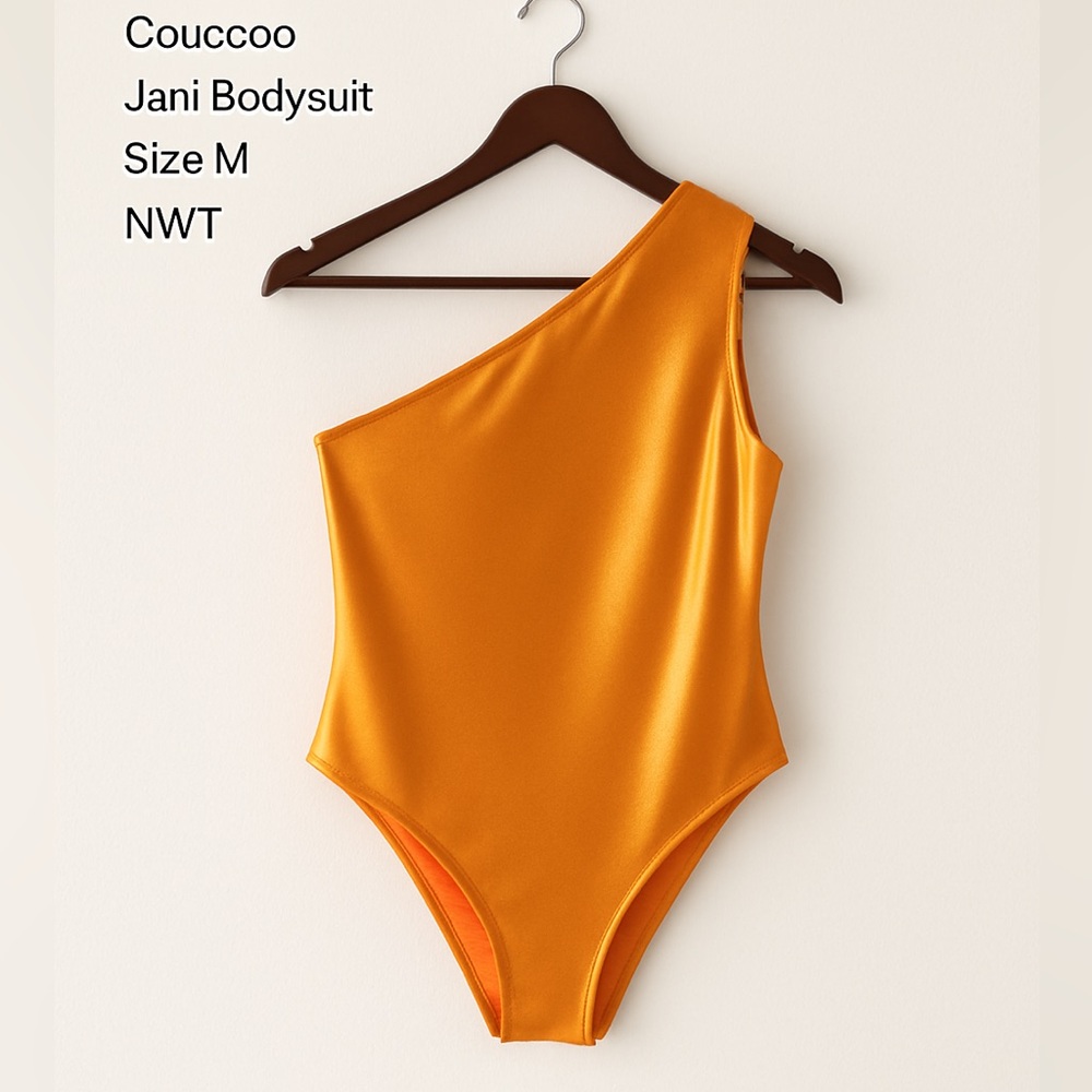 Coucoo Jani Bodysuit Orange Satsuma Skin Metallic One-Shoulder Size M NWT - Picture 7 of 8